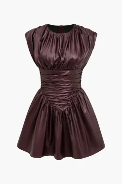 MICAS Mini Dresses-Solid Faux Leather Ruched Mini Dress BURGUNDY