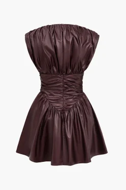 MICAS Mini Dresses-Solid Faux Leather Ruched Mini Dress BURGUNDY