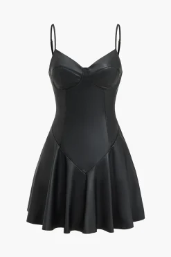 MICAS Mini Dresses-Solid Faux Leather Slip Bustier Mini Dress BLACK