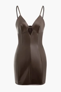 MICAS Mini Dresses-Solid Faux Leather Slip Cut Out Mini Dress COFFEE