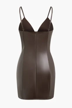MICAS Mini Dresses-Solid Faux Leather Slip Cut Out Mini Dress COFFEE