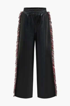 MICAS Pants-Solid Faux Leather Trousers With Fringe BLACK