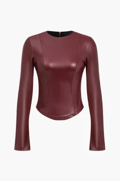 MICAS Long Sleeve Tops|Long Sleeves Tops-Solid Faux Leather Zipper Detail Long-Sleeve Shirt BURGUNDY