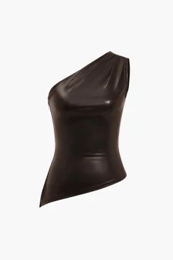 MICAS Tank Tops & Cami-Solid Faux Leather Zipper Asymmetrical Tank Top