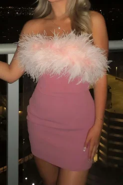 MICAS Mini Dresses-Solid Feather Strapless Mini Dress PINK