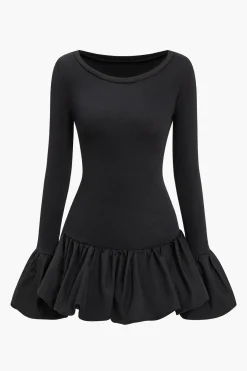 MICAS Long Sleeve Dresses|Mini Dresses-Solid Flared Mini Dress BLACK