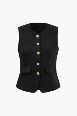 MICAS Outerwear|Outerwear-Solid Floral Button Vest BLACK