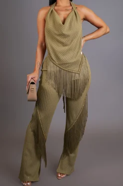 MICAS Pant Sets-Solid Fringe Backless Asymmetrical Trouser Set