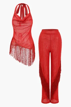MICAS Pant Sets-Solid Fringe Backless Asymmetrical Trouser Set