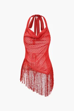 MICAS Pant Sets-Solid Fringe Backless Asymmetrical Trouser Set