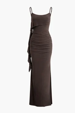 MICAS Maxi Dresses-Solid Fringe Backless Slip Slit Maxi Dress COFFEE
