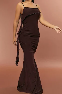 MICAS Maxi Dresses-Solid Fringe Backless Slip Slit Maxi Dress COFFEE