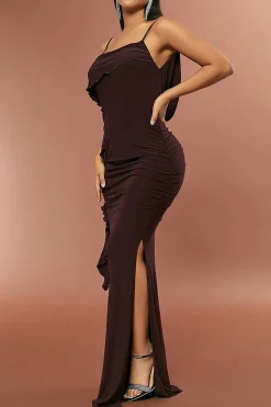 MICAS Maxi Dresses-Solid Fringe Backless Slip Slit Maxi Dress COFFEE