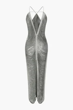 MICAS Midi Dresses-Solid Fringe Cut Out Slit Midi Dress