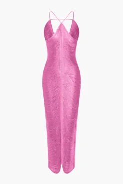 MICAS Midi Dresses-Solid Fringe Cut Out Slit Midi Dress