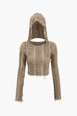 MICAS Long Sleeve Tops|Long Sleeves Tops-Solid Fringe Long-Sleeve Hooded Top BROWN