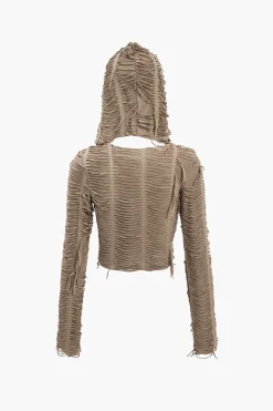 MICAS Long Sleeve Tops|Long Sleeves Tops-Solid Fringe Long-Sleeve Hooded Top BROWN