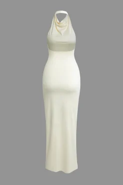 MICAS Maxi Dresses-Solid Halter Backless Slit Sleeveless Maxi Dress