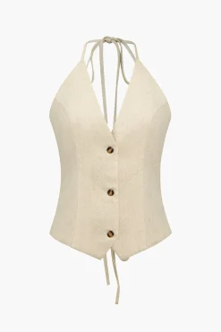 MICAS Pant Sets-Solid Halter Backless Vest And Wide Leg Pants Set IVORY