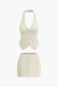 MICAS Skirt Sets-Solid Halter Backless Vest And Mini Skirt Set BEIGE