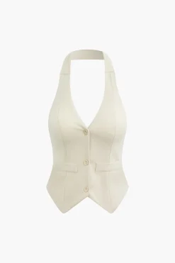 MICAS Skirt Sets-Solid Halter Backless Vest And Mini Skirt Set BEIGE