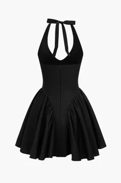 MICAS Mini Dresses-Solid Halter V-neck Ruched Mini Dress BLACK