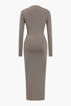 MICAS Long Sleeve Dresses|Midi Dresses-Solid Heart-Shaped Irregular Slit Long Sleeve Midi Dress BROWN