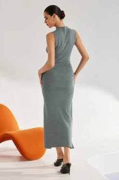 MICAS Knit Dresses-Solid High Slit Knotted Sweater Dress LIGHT GRAY