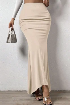MICAS Skirts-Solid High Waist Maxi Skirt BEIGE