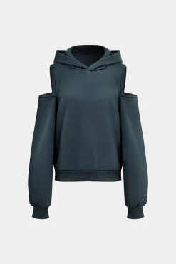 MICAS Pant Sets-Solid Hooded Cut Out Sweatshirt And Elastic Pants Set