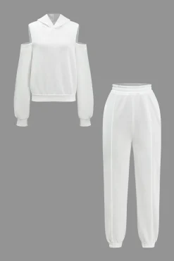 MICAS Pant Sets-Solid Hooded Cut Out Sweatshirt And Elastic Pants Set