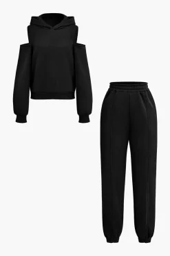 MICAS Pant Sets-Solid Hooded Cut Out Sweatshirt And Elastic Pants Set
