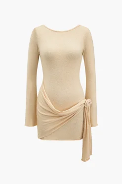 MICAS Knit Dresses-Solid Knit Asymmetrical Appliques Dress BEIGE