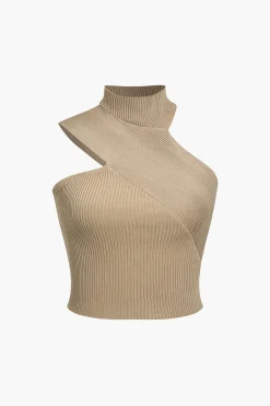 MICAS Knitwear|Knit Tops-Solid Knit Asymmetrical Mock Neck Tank Top