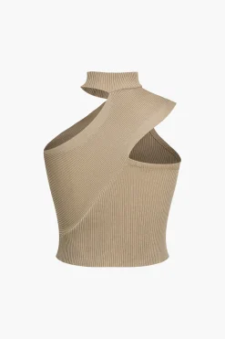 MICAS Knitwear|Knit Tops-Solid Knit Asymmetrical Mock Neck Tank Top
