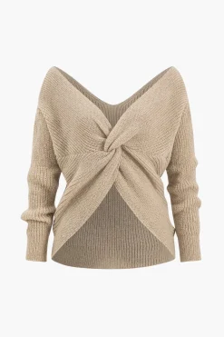 MICAS Knitwear|Knit Tops-Solid Knit Backless V-Neck Twist Knot Long-Sleeve Top
