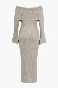 MICAS Long Sleeve Dresses|Knitwear-Solid Knit Bell Sleeves Off Shoulder Maxi Dress WHEAT