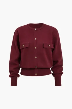 MICAS Outerwear|Outerwear-Solid Knit Button Cardigan BURGUNDY