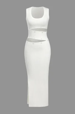MICAS Knit Dresses-Solid Knit Button Cut Out Slit Dress WHITE