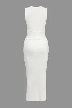 MICAS Knit Dresses-Solid Knit Button Cut Out Slit Dress WHITE