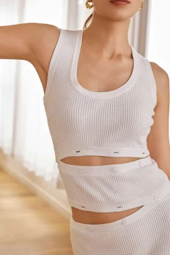 MICAS Knit Dresses-Solid Knit Button Cut Out Slit Dress WHITE