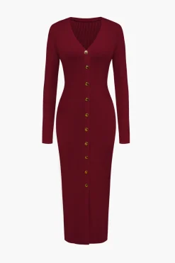 MICAS Long Sleeve Dresses|Knitwear-Solid Knit Button Dress BURGUNDY