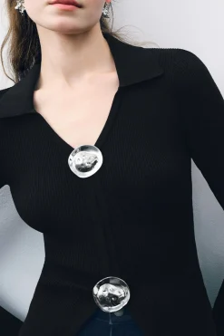 MICAS Knit Tops-Solid Knit Button Long-Sleeve Top BLACK