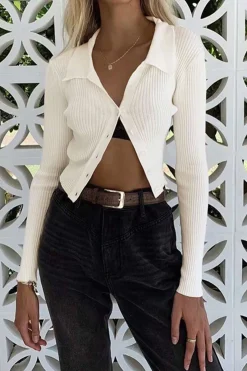 MICAS Knitwear|Knit Tops-Solid Knit Button Long-Sleeve Top