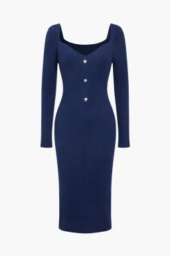 MICAS Knit Dresses-Solid Knit Button Midi Dress DARK BLUE
