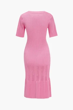 MICAS Knitwear|Knit Dresses-Solid Knit Button Round Neck Short Sleeve Dress