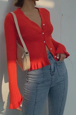 MICAS Knitwear|Knit Tops-Solid Knit Button Ruffled Long-Sleeve Top