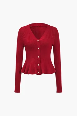 MICAS Knitwear|Knit Tops-Solid Knit Button Ruffled Long-Sleeve Top