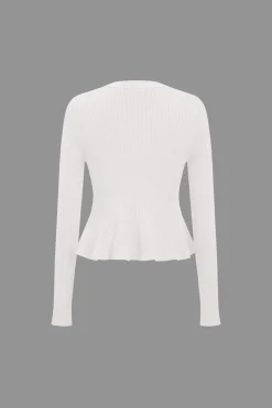 MICAS Knitwear|Knit Tops-Solid Knit Button Ruffled Long-Sleeve Top