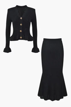MICAS Knitwear|Knit Sets-Solid Knit Button Top And Ruffle Mermaid Skirt Set